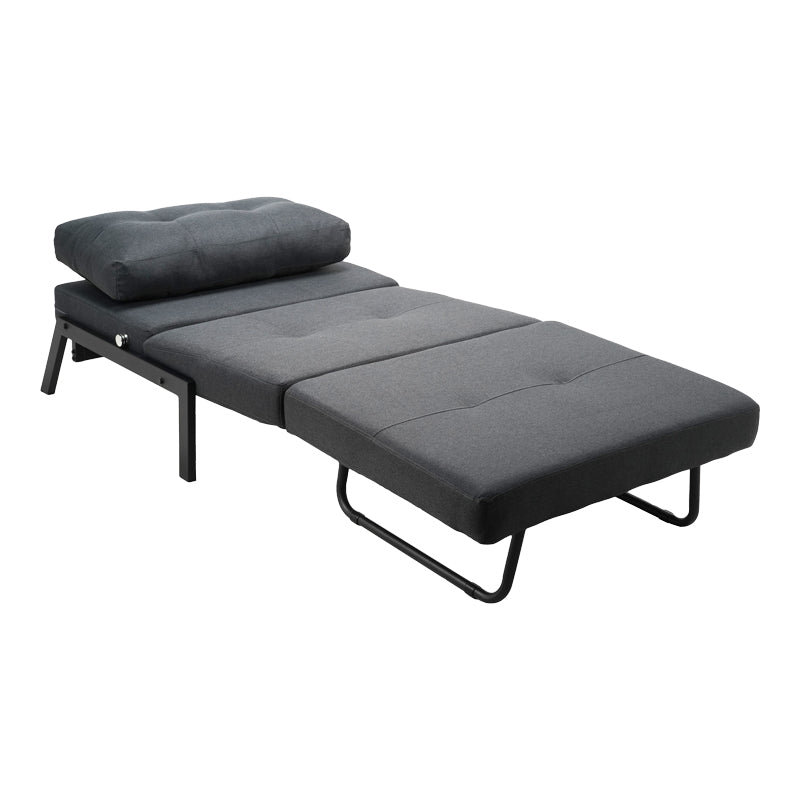 Модерна мултифункционална лоунџ фотелја-кревет Armchair-bed Xenoin тапацирана во квалитетна антрацит текстурална ткаенина со цврсти црни метални ногарки во расклопена и склопена позиција