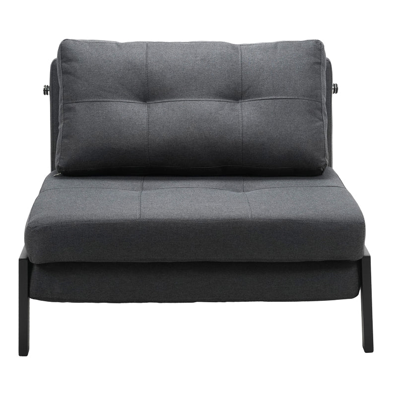 Модерна мултифункционална лоунџ фотелја-кревет Armchair-bed Xenoin тапацирана во квалитетна антрацит текстурална ткаенина со цврсти црни метални ногарки во расклопена и склопена позиција