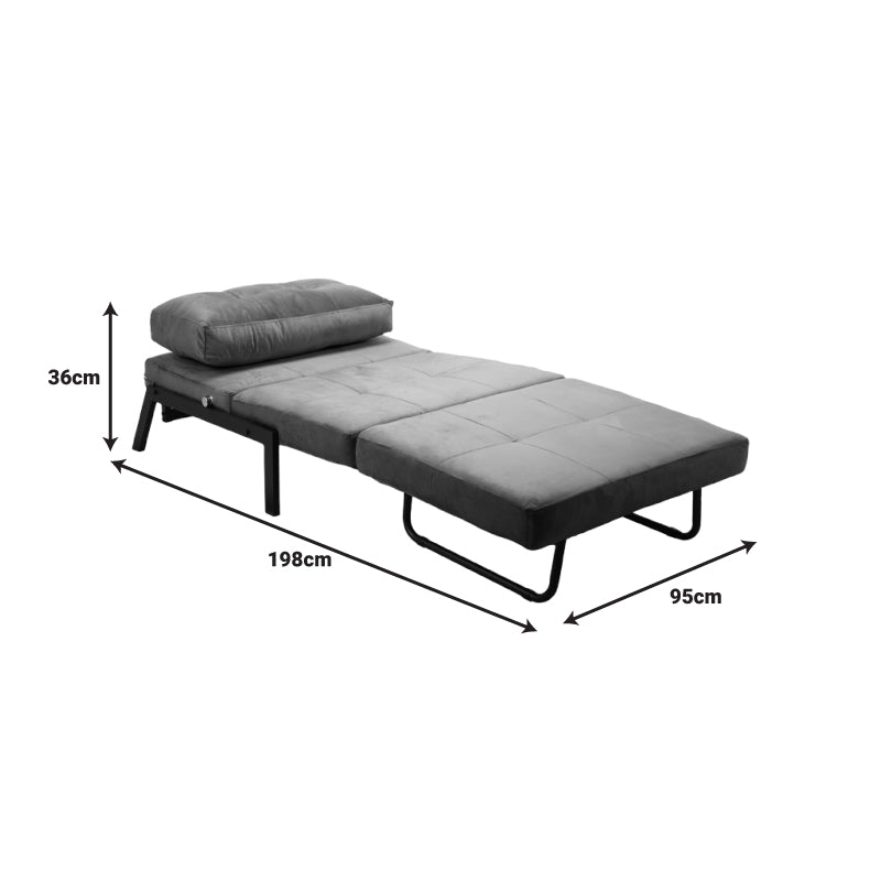 Модерна мултифункционална лоунџ фотелја-кревет Armchair-bed Xenoim тапацирана во софистицирано антрацит кадифе со цврсти црни метални ногарки во расклопена и склопена позиција