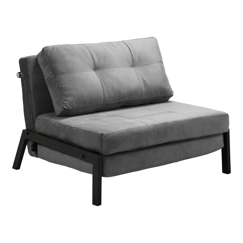 Модерна мултифункционална лоунџ фотелја-кревет Armchair-bed Xenoim тапацирана во софистицирано антрацит кадифе со цврсти црни метални ногарки во расклопена и склопена позиција