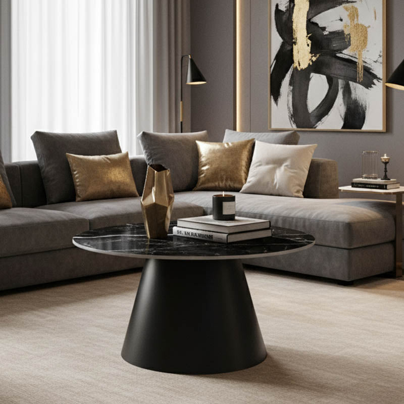 Модерна кружна лоунџ клуб маса Coffee table Xenoit со луксузна плоча од црн синтериран камен со ефект на мермер и геометриска црна метална конструкција