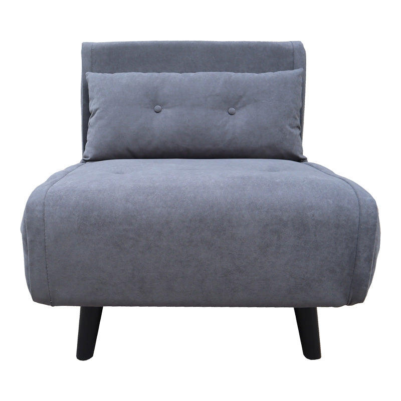 Модерна мултифункционална фотелја на расклопување Armchair-Bed Wreas обложена со луксузно антрацит кадифе, поддржана со цврсти дрвени ногарки во црна нијанса