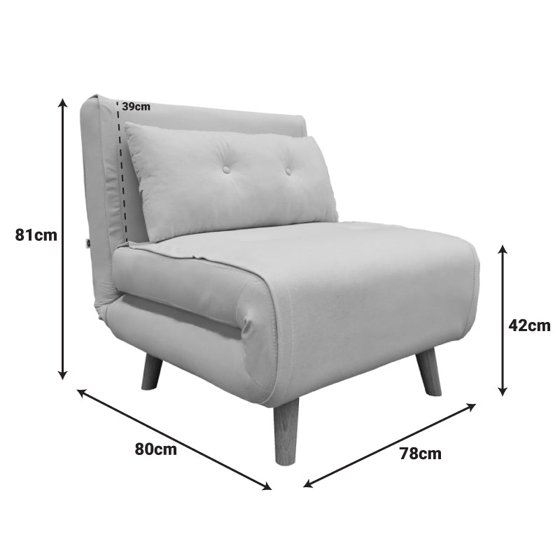 Модерна лоунџ фотелја на расклопување Armchair-bed Veden тапацирана со густо ткаена зајакната антрацит текстилна ткаенина, во позиција на фотелја и расклопена како паметен кревет