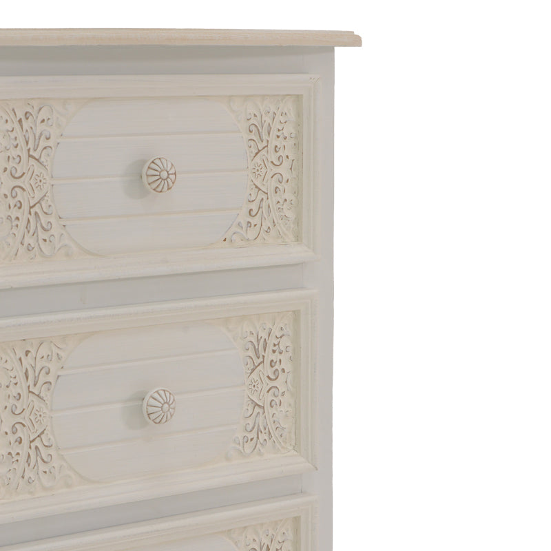 Префинета и издолжена античко бела ноќна масичка Bedside table Hally изработена од MDF, со паметна функционална фиока и долна решеткаста полица