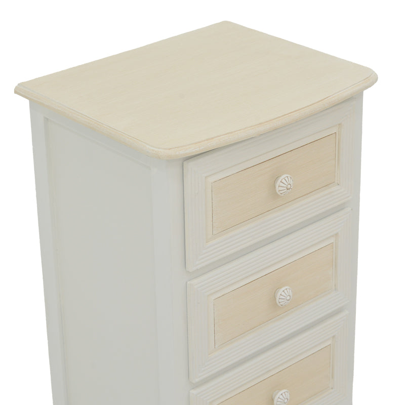 Префинета и издолжена ноќна масичка Bedside table Halin со горна плоча во природна нијанса на дрво, античко бела рамка, практична фиока и долна решеткаста полица