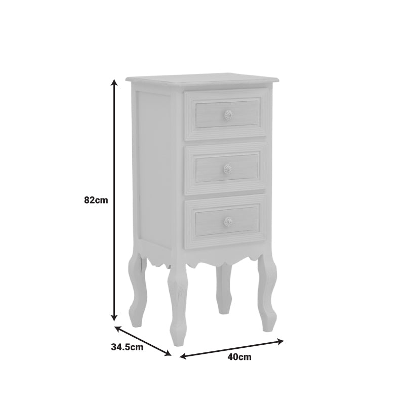 Префинета и издолжена ноќна масичка Bedside table Halin со горна плоча во природна нијанса на дрво, античко бела рамка, практична фиока и долна решеткаста полица