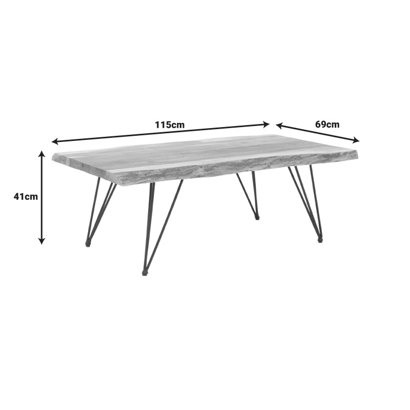 Луксузна правоаголна клуб маса Coffee table Xenoia изработена од масивно акација дрво со уникатни природни годови и цврста носечка основа