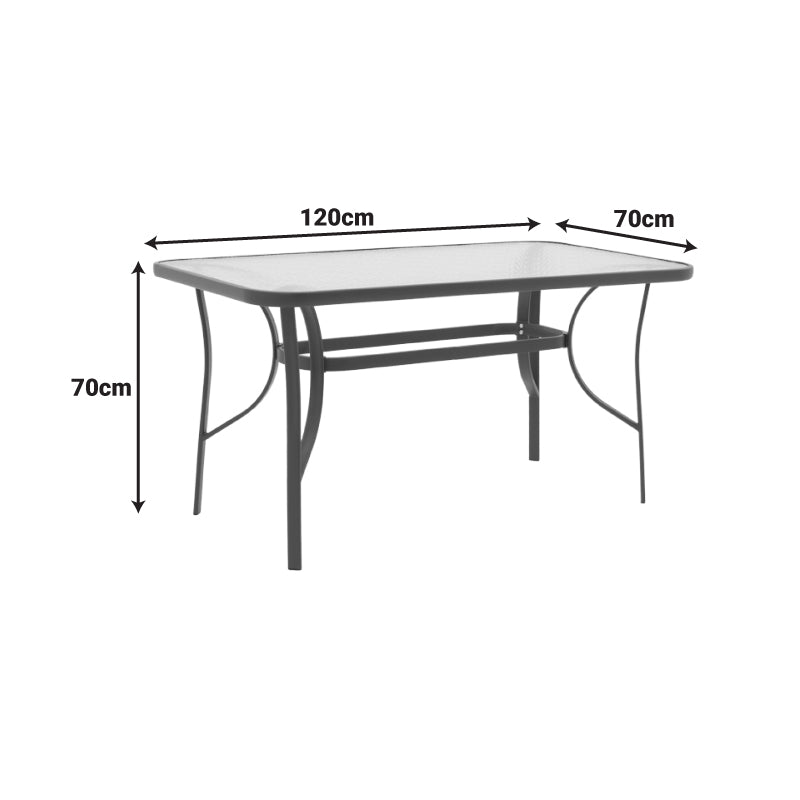 Модерна правоаголна трпезариска маса Galaet со цврста метална конструкција во антрацит боја и плоча од зајакнато темперирано стакло
