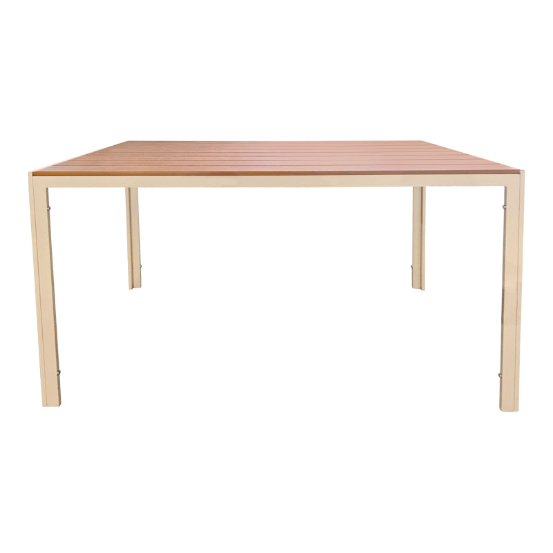 Модерна, естетска и уникатна правоаголна лоунџ маса Table Reidic со горна површина во природна нијанса на дрво и стабилна алуминиумска архитектура во шампањ боја