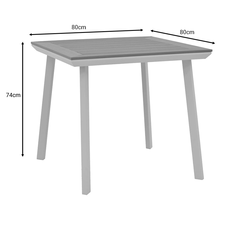 Модерен компактен градинарски трпезариски сет Xeroxic од 3 парчиња, вклучува квадратна бела алуминиумска маса со горна површина од природно Plywood дрво и две соодветни алуминиумски столици со дрвени летви