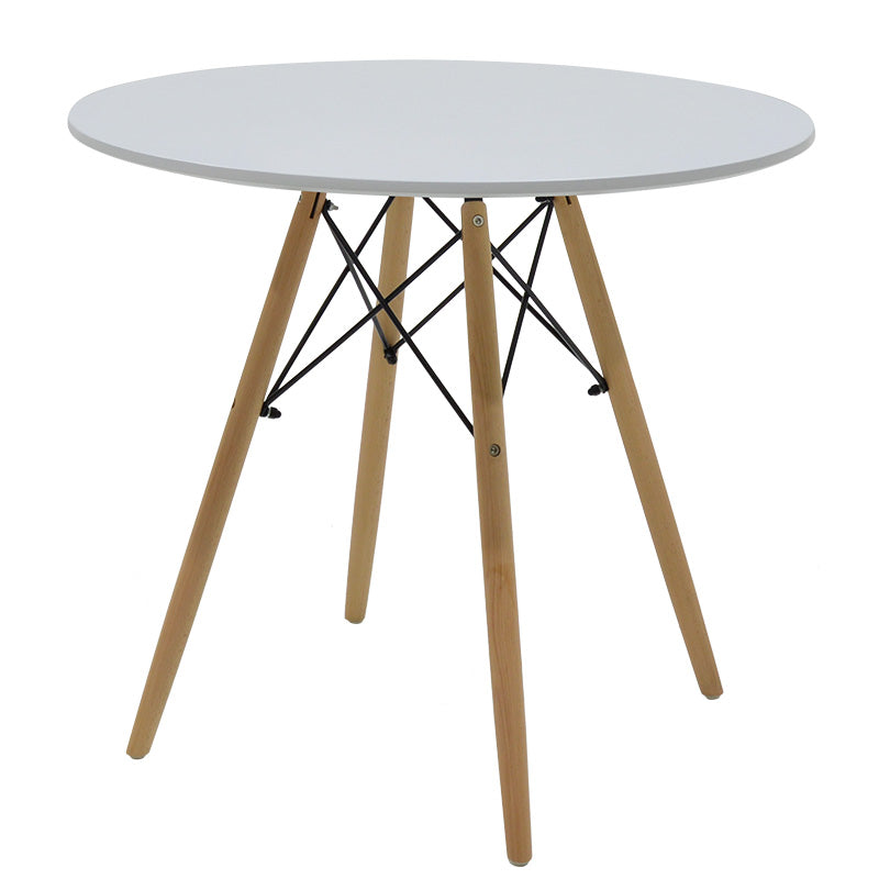 Модерен минималистички трпезариски сет Dining Room Set со тркалезна бела маса врз стабилна база и две ергономски бели Vedaar лоунџ столици во скандинавски стил