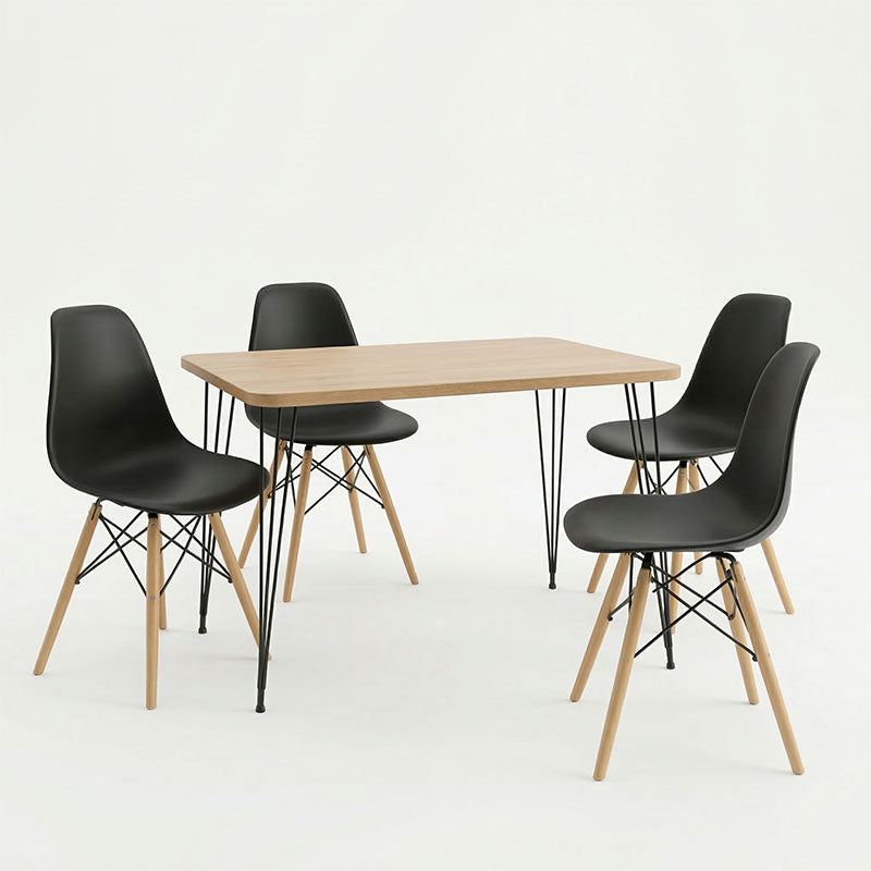 Модерен праволиниски трпезариски сет Dining Room Set што вклучува функционална правоаголна маса и четири усогласени црни Vedaen лоунџ столици во минималистички стил