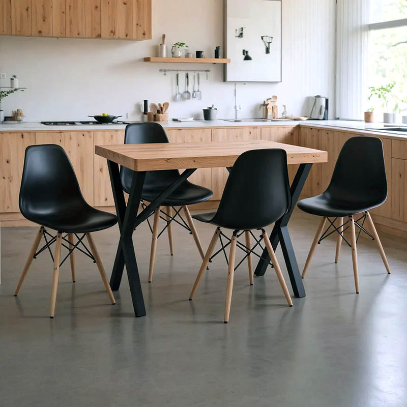 Модерен праволиниски трпезариски сет Dining Room Set што вклучува функционална правоаголна маса и четири усогласени црни Vedaer лоунџ столици во минималистички стил
