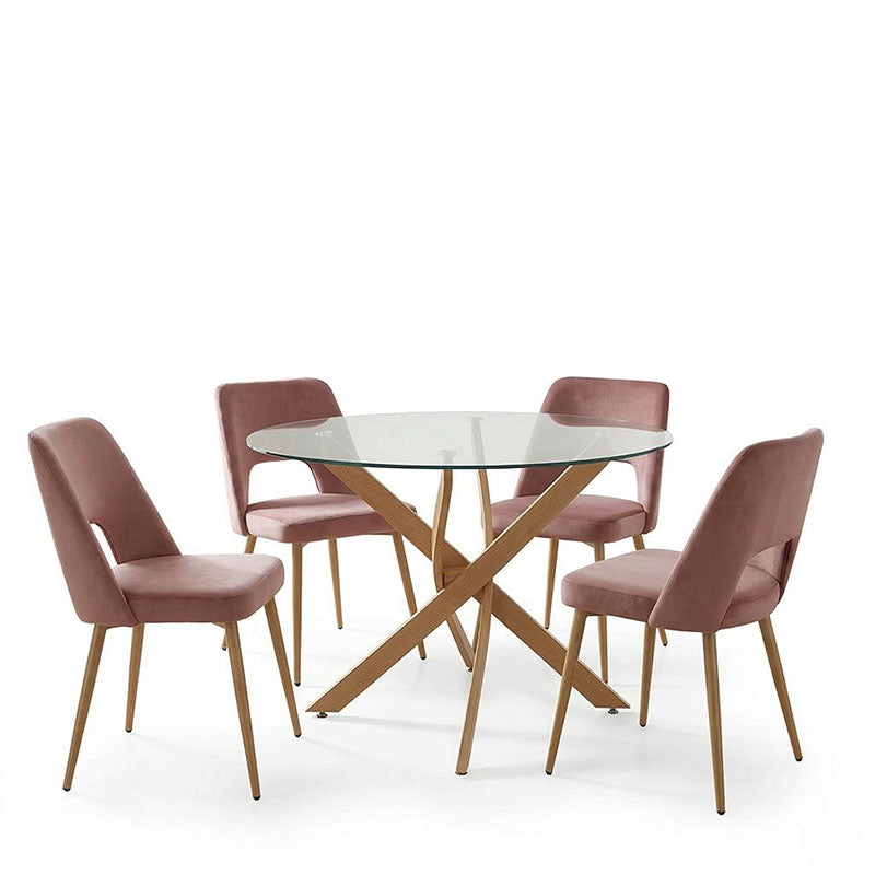 Модерен трпезариски сет Dining Room Set со тркалезна маса од транспарентно калено стакло со метална база и четири ергономски Vectoric лоунџ столови
