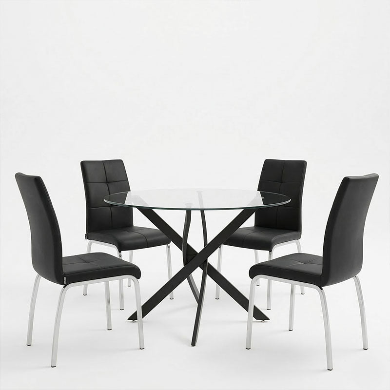 Модерен трпезариски сет Dining Room Set со тркалезна маса од транспарентно калено стакло со метална база и четири ергономски црни Vector лоунџ столови