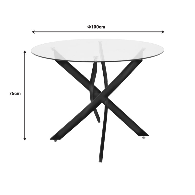 Модерен трпезариски сет Dining Room Set со тркалезна маса од транспарентно калено стакло со метална база и четири ергономски тапацирани Vecic лоунџ столови