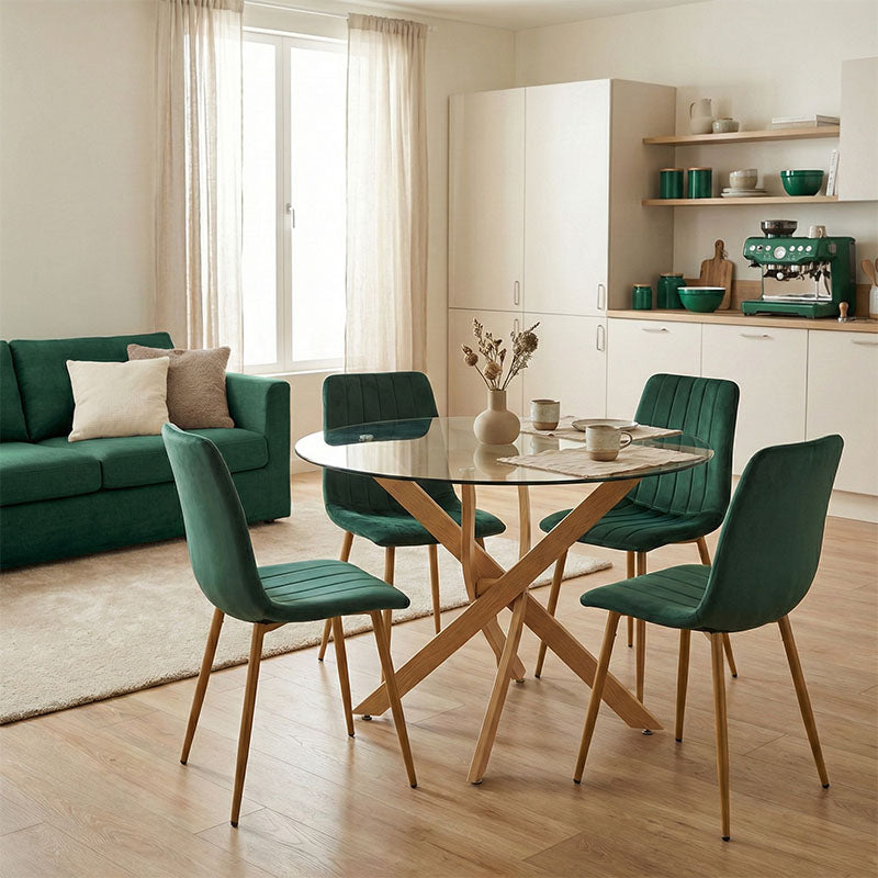Модерен трпезариски сет Dining Room Set со тркалезна маса од транспарентно калено стакло со метална база и четири ергономски тапацирани Vecic лоунџ столови