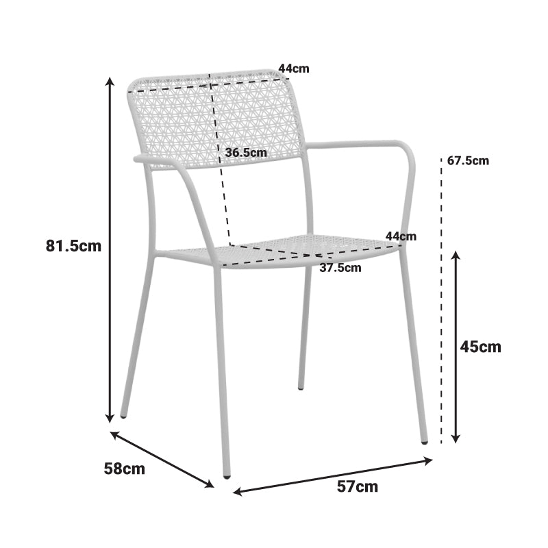 Елегантна метална фотелја Stackable Armchair Vale во топла теракота боја, со ергономски наслони за раце, чисти линии и функција за паметно редење една во друга