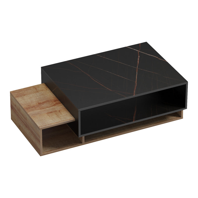 Модерна ниска лоунџ клуб масичка Coffee table Xalapa со засилена правоаголна површина во паметен контраст од топол даб и префинет црн мермер