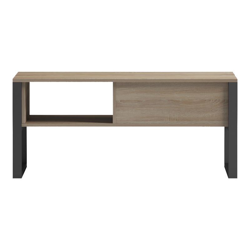 Модерна индустриска клуб маса за кафе Coffee Table Weldic со правоаголна плоча во текстура на топол сонома даб и засилена геометриска основа во длабок црн тон