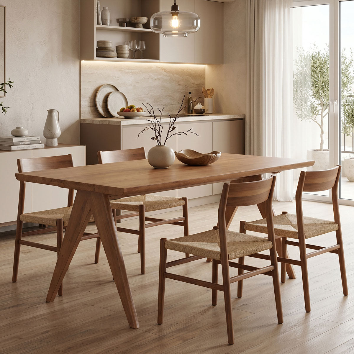 Модерна семејна трпезариска маса Zentara изработена од масивно дрво од каучук во светла нијанса на орев со димензии 160x85x75cm за кујна или трпезарија