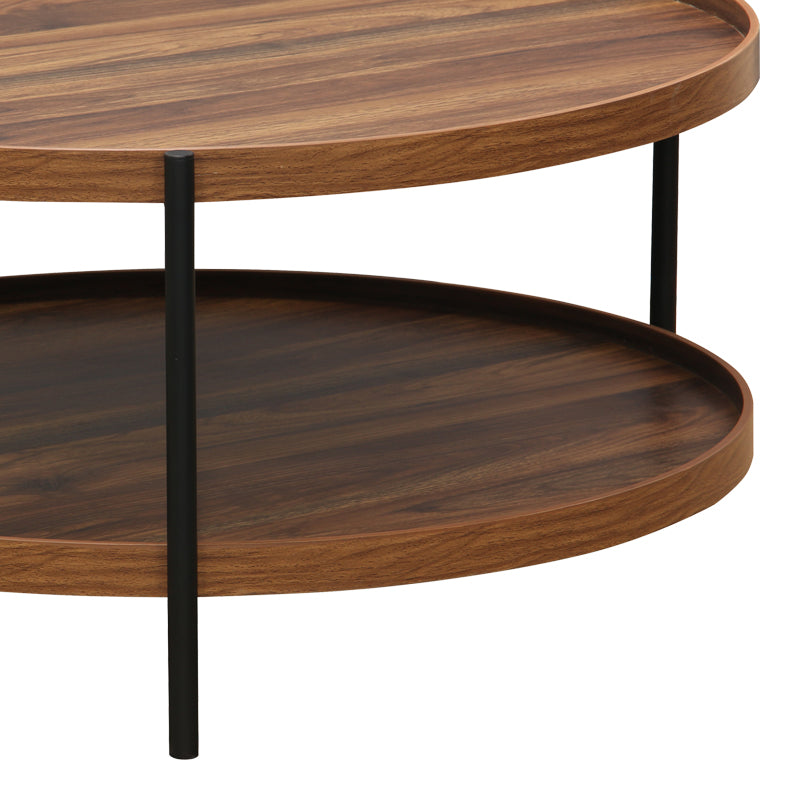 Модерна, естетска и уникатна тркалезна клуб масичка Coffee table Illic со широка горна плоча во длабока орев нијанса и симетрична црна метална структура