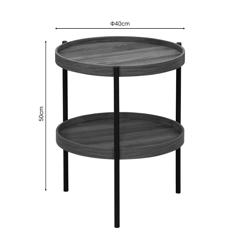 Модерна, естетска и уникатна тркалезна помошна масичка Side table Icoic со горна плоча во богата орев нијанса на дрво и минималистичка црна метална структура