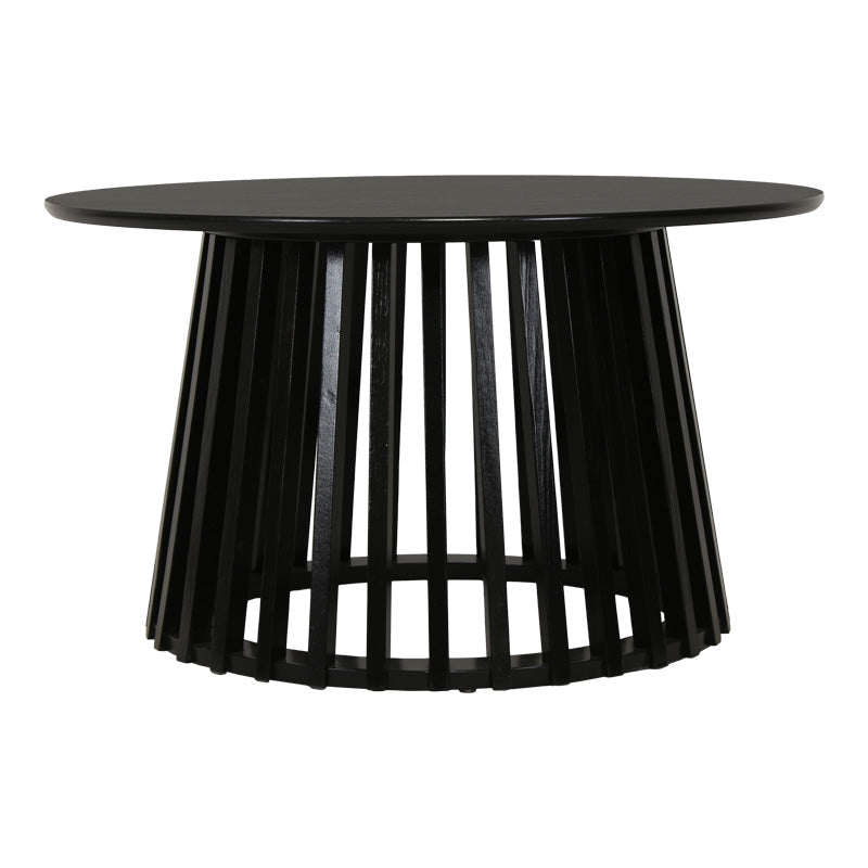 Модерна минималистичка клуб маса за кафе Coffee Table Wedgeic со кружна плоча од зајакнат мат црн медијапан и ниска, стабилна геометриска лоунџ основа
