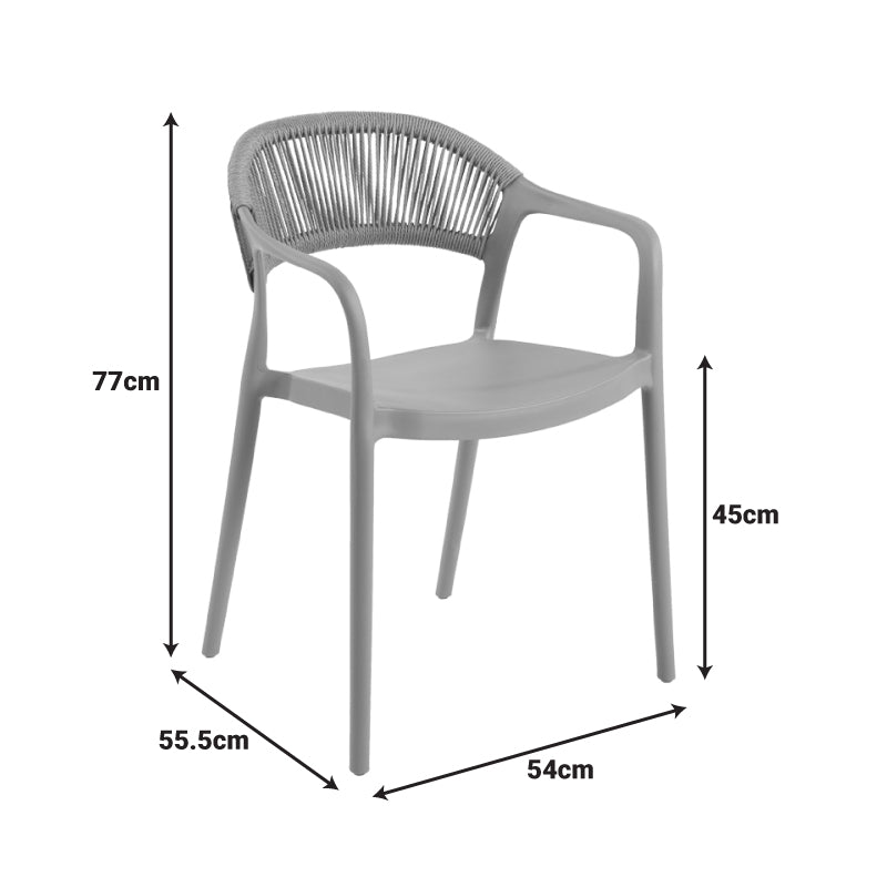 Модерна лоунџ фотелја Stackable Armchair Vedaly во чиста бела боја со ергономски потпирач во природен натур PE ратан декор и стакабилна структура што штеди простор