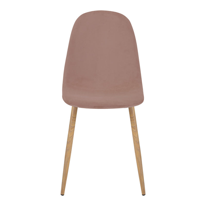 Модерен трпезариски лоунџ стол Dining Chair Windsor обложен со софистицирано меко кадифе во специфична нијанса на скапана јаболка, поддржан со цврсти метални ногарки со напреден ефект на натур дрво