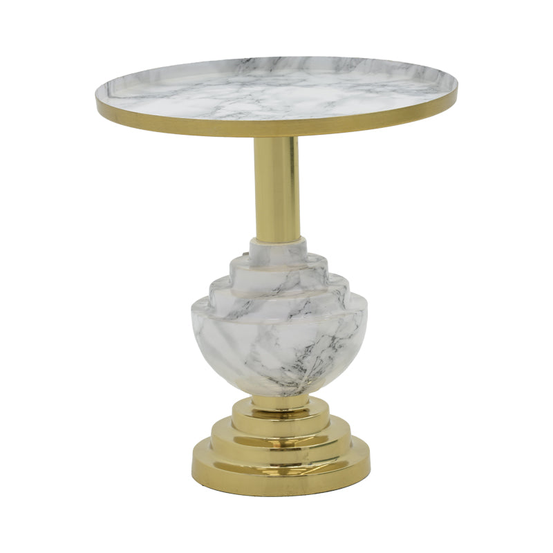 Модерна, естетска и уникатна тркалезна помошна масичка Side table Halex со луксузна горна плоча од природен мермер и префинета сиво-златна метална структура