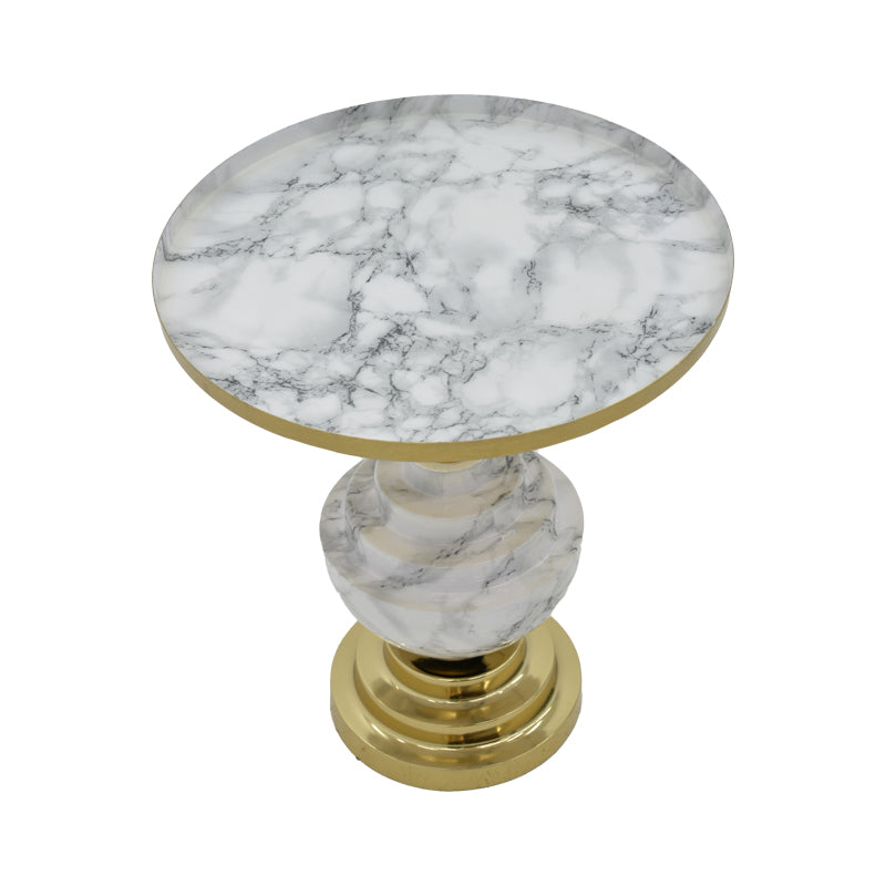 Модерна, естетска и уникатна тркалезна помошна масичка Side table Halex со луксузна горна плоча од природен мермер и префинета сиво-златна метална структура