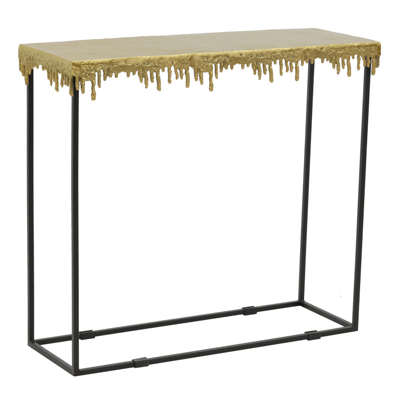 Модерна, естетска и уникатна тесна конзолна маса Console table Inlet со луксузна златна површина и стабилна црна метална конструкција