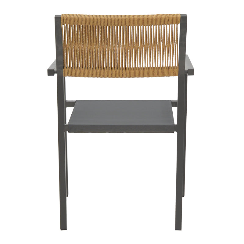 Модерна, естетска и уникатна лоунџ фотелја Aluminum armchair Jarrah со цврста антрацит алуминиумска рамка и густо ткаена Textilene површина во топла нијанса на природен ратан