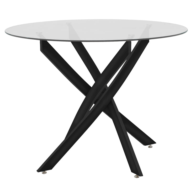 Модерна кружна трпезариска маса Table Xenous со проширена горна површина од рефлектирачко црно калено стакло и цврсти вкрстени црни метални ногарки