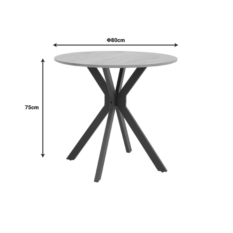 Модерна кружна трпезариска маса Table Xenore со горна површина од природен МДФ со текстура на дрво и цврсти коси црни метални ногарки