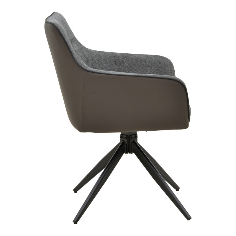 Луксузна и модерна лоунџ фотелја Armchair Xenax со ергономски наслон од сиво зајакнато платно, детали од PU кожа и црни мат метални ногарки