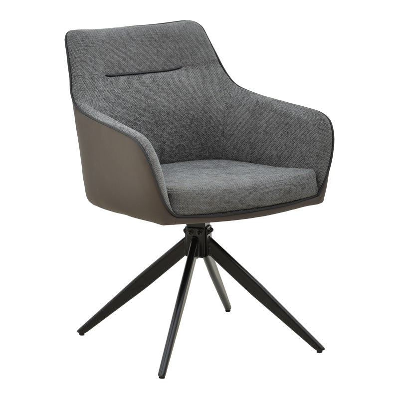 Луксузна и модерна лоунџ фотелја Armchair Xenax со ергономски наслон од сиво зајакнато платно, детали од PU кожа и црни мат метални ногарки