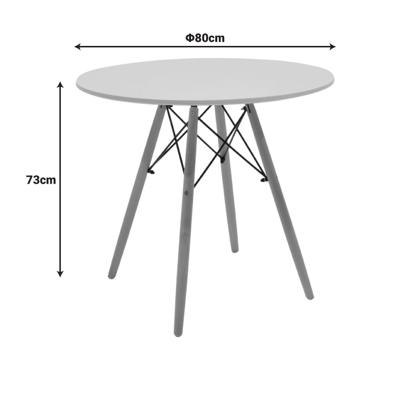 Модерна тркалезна трпезариска маса Wreen со горна плоча во мат бела боја, поддржана со паметна и цврста конструкција со дрвени ногарки во природна натур нијанса
