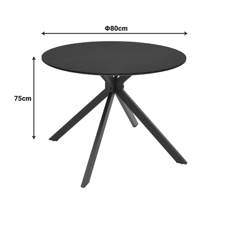 Модерна, естетска и уникатна тркалезна маса Table Rank со мат црна горна површина од зајакнат МДФ и конусни црни метални ногарки
