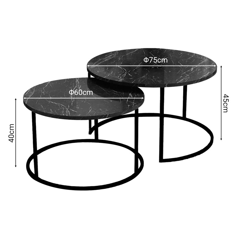 Модерен, естетски и уникатен сет од две клуб масички Coffee tables Kemic со горна плоча во црн мермерен декор и геометриски црни метални ногарки