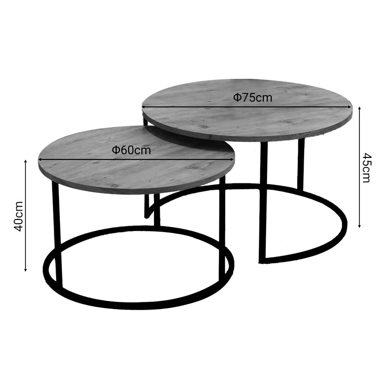 Модерен, естетски и уникатен сет од две клуб масички Coffee tables Laras со горна плоча во природен топол дрвен декор и геометриски црни метални ногарки