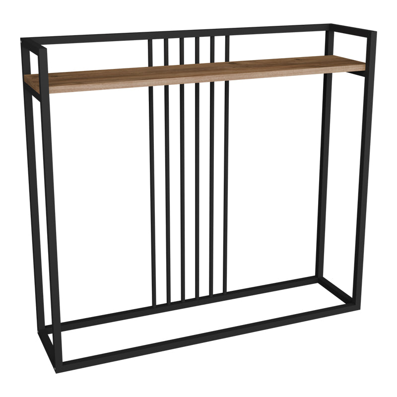 Модерна индустриска конзолна маса Console Table Wardic со горна плоча во текстура на природен даб и витка, цврста метална рамка во мат црна боја