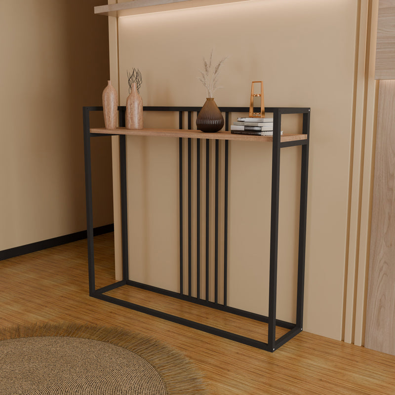 Модерна индустриска конзолна маса Console Table Wardic со горна плоча во текстура на природен даб и витка, цврста метална рамка во мат црна боја
