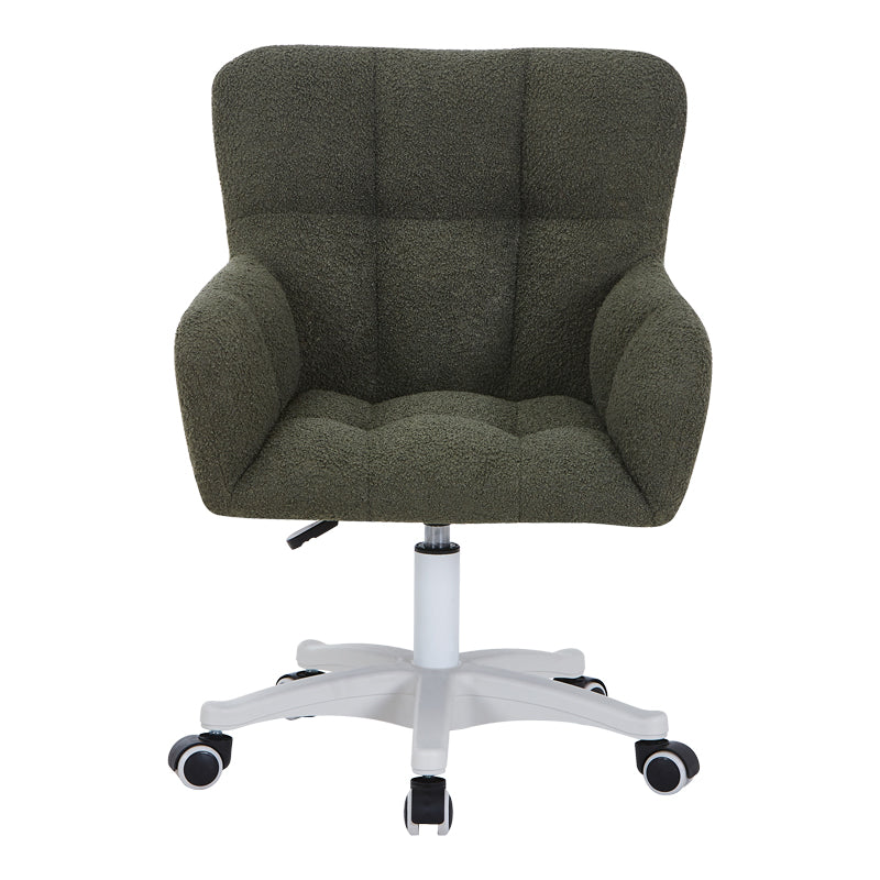 Модерна работна канцелариска столица Office Chair Vedaos тапацирана со луксузно маслинесто зелено букле со мека текстура, со засилена хромирана/црна база со тркалца