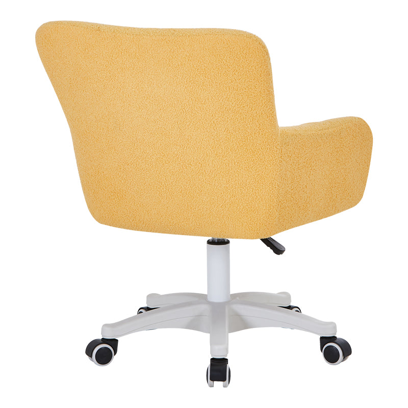 Модерна работна канцелариска столица Office Chair Vedara тапацирана со луксузно жолто букле со мека текстура, со засилена хромирана/црна база со тркалца