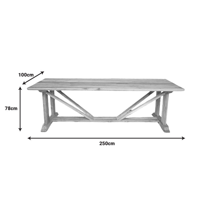 Монументална голема правоаголна трпезариска маса Table Xenois од 100% масивно тиково дрво со уникатна природна текстура и засилена дрвена база