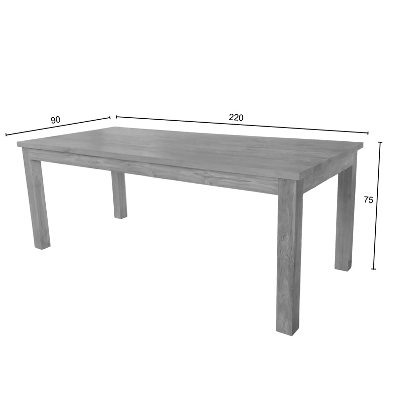 Монументална правоаголна трпезариска маса Table Xenoic изработена од 100% масивно тиково дрво со богата природна текстура и силни дрвени ногарки