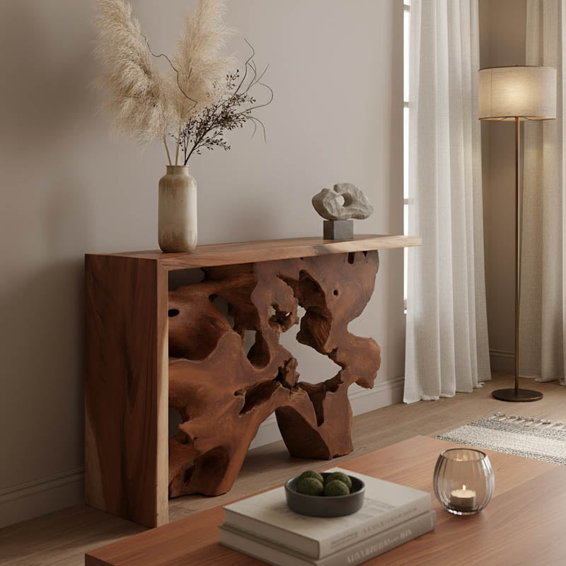 Модерна рустична конзолна маса Console Table Walic изработена од вистинско масивно тиково дрво во природна натур боја, со карактеристична органска текстура на годовите
