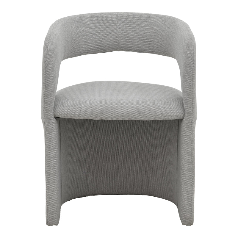Модерна лоунџ трпезариска фотелја Armchair Umben со паметна ергономска форма, наслони за раце и мека мат ткаенина во сиво-беж нијанса врз стабилна темна база